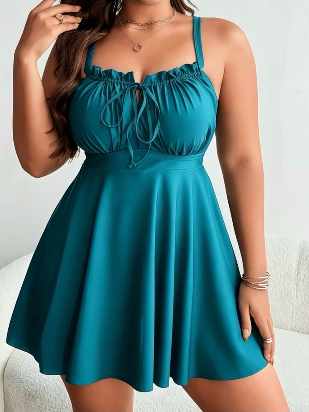 Teal Peacock Blue A-Line Swimsuit with Ruffled Bodice